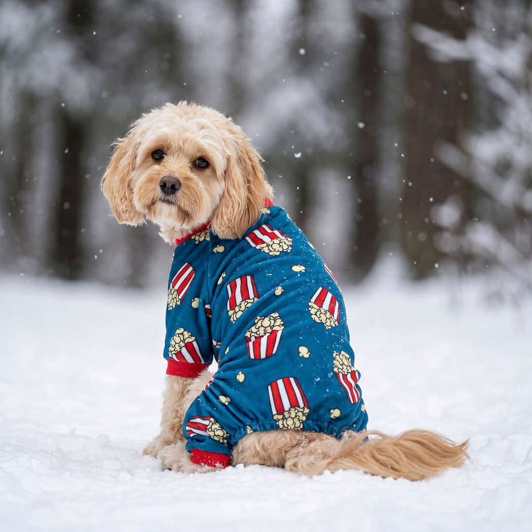 Small dog sitting on the snowy ground in a funny dog pajamas