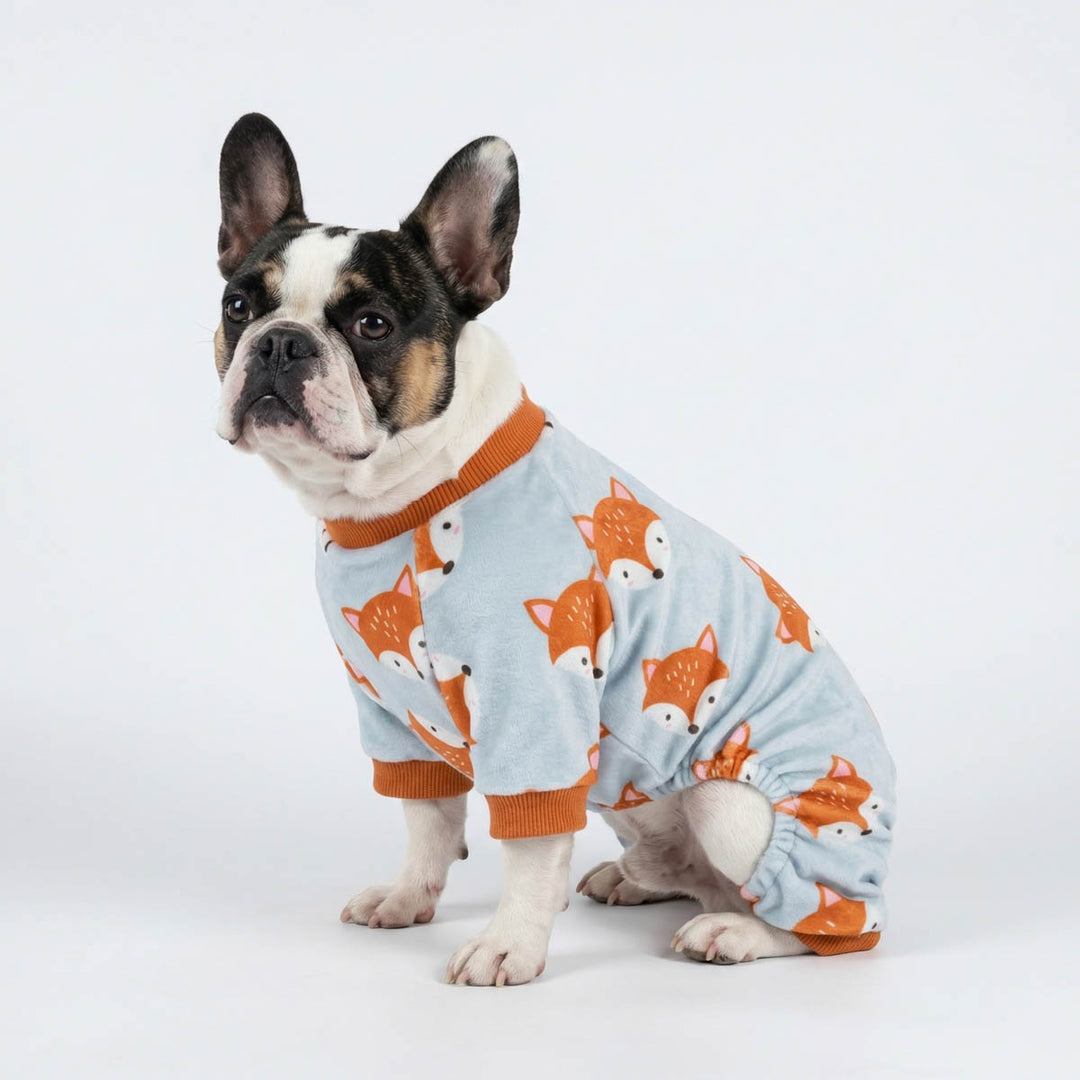 Dog dressed in a dog onesie with fox prints