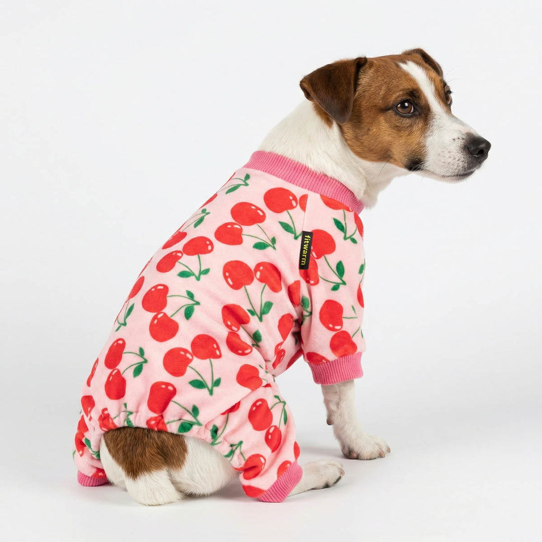 Dog wearing soft dog pjs with pink fabric and all over cherry print