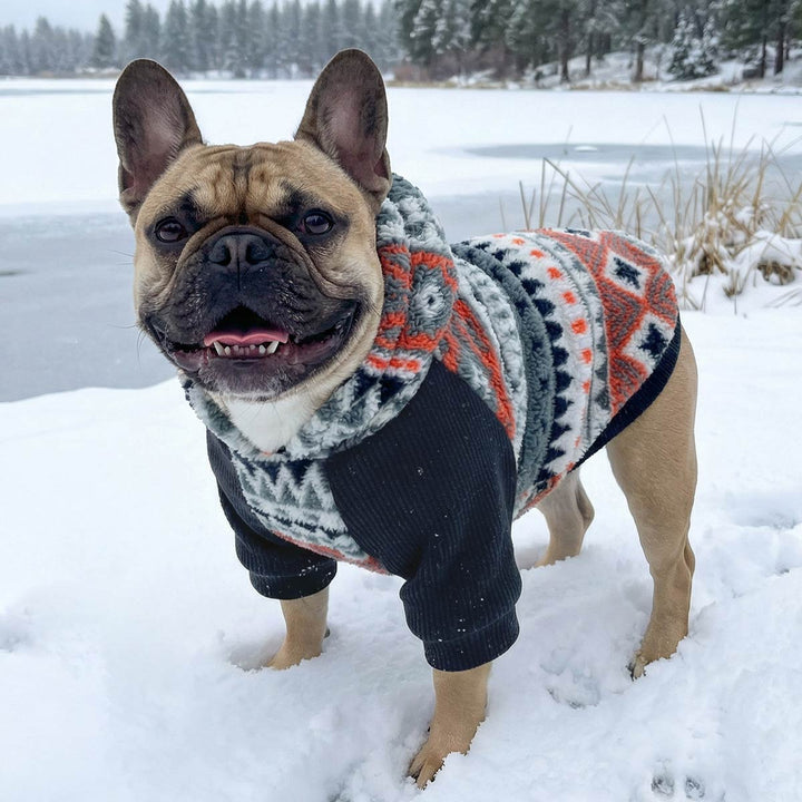 Smiling French bulldog in warm dog hoodie outdoors on winter snow