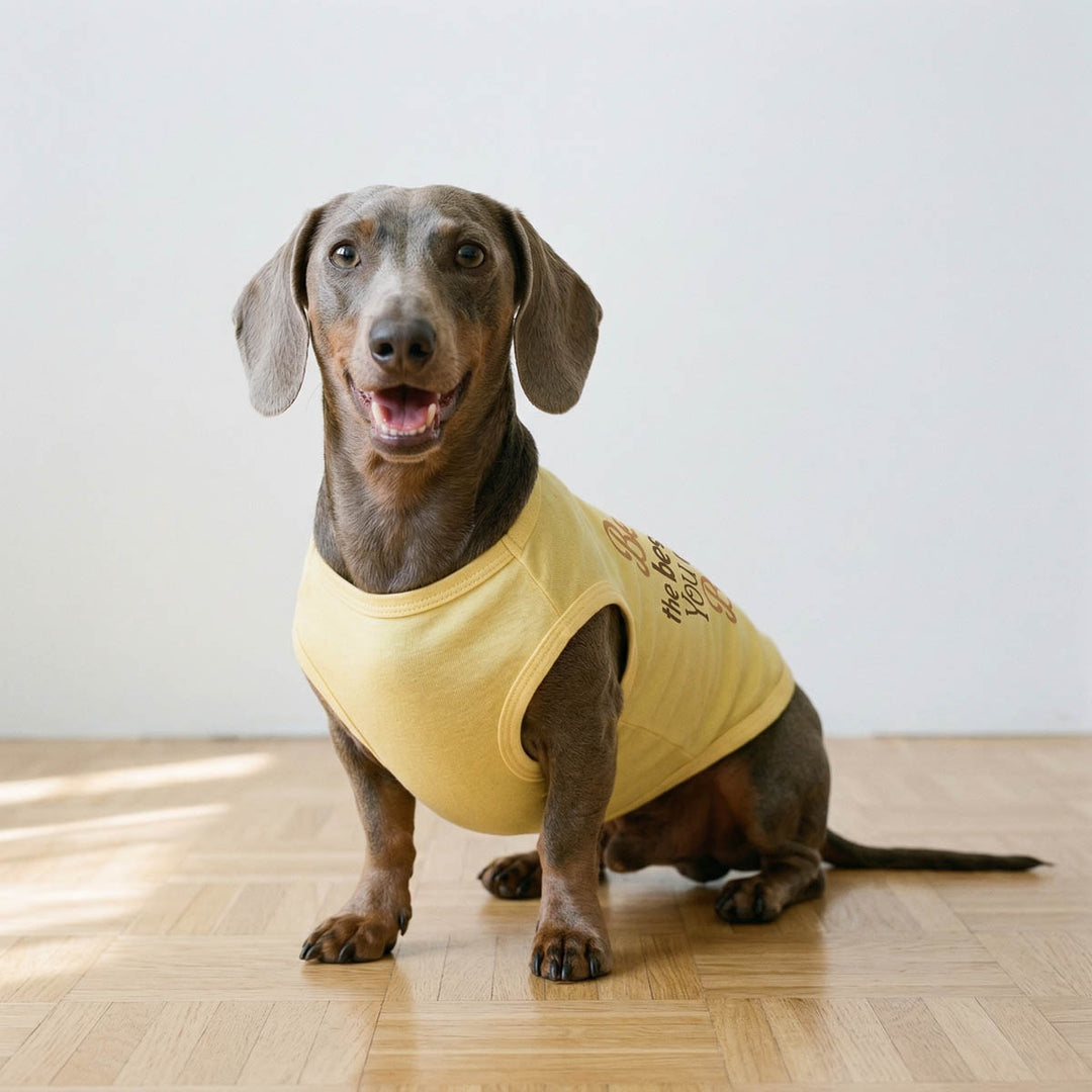 Dachshund wearing a yellow shirt for dogs on a wooden floor with a white wall background