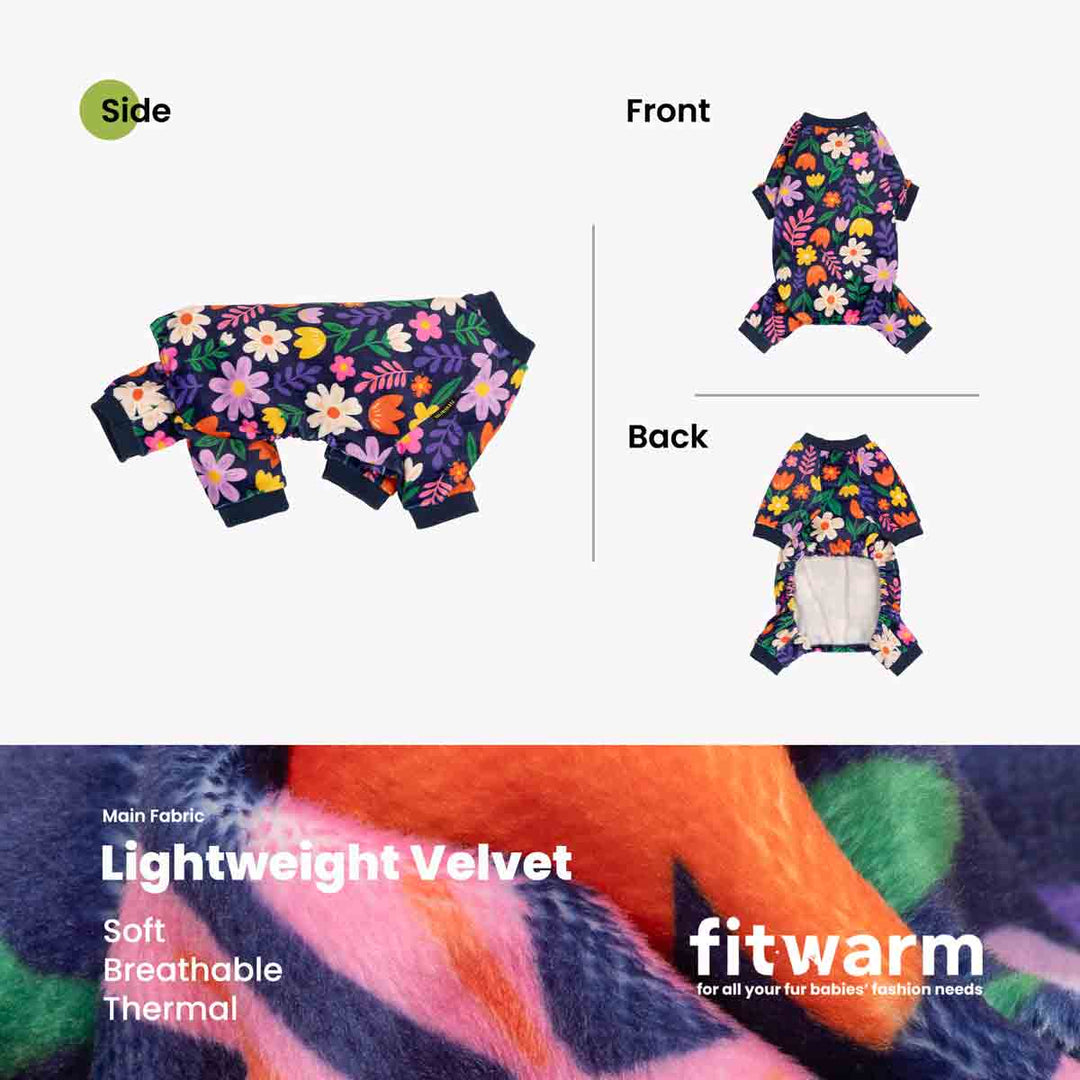 Product information of dog floral pajamas showing in front, back, and side view with fabric description at bottom