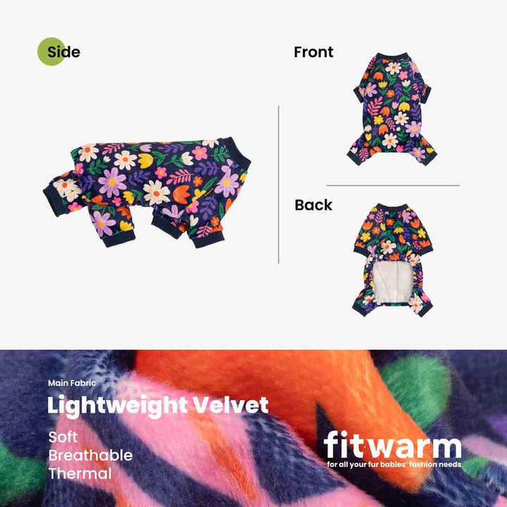 Product information of dog floral pajamas showing in front, back, and side view with fabric description at bottom