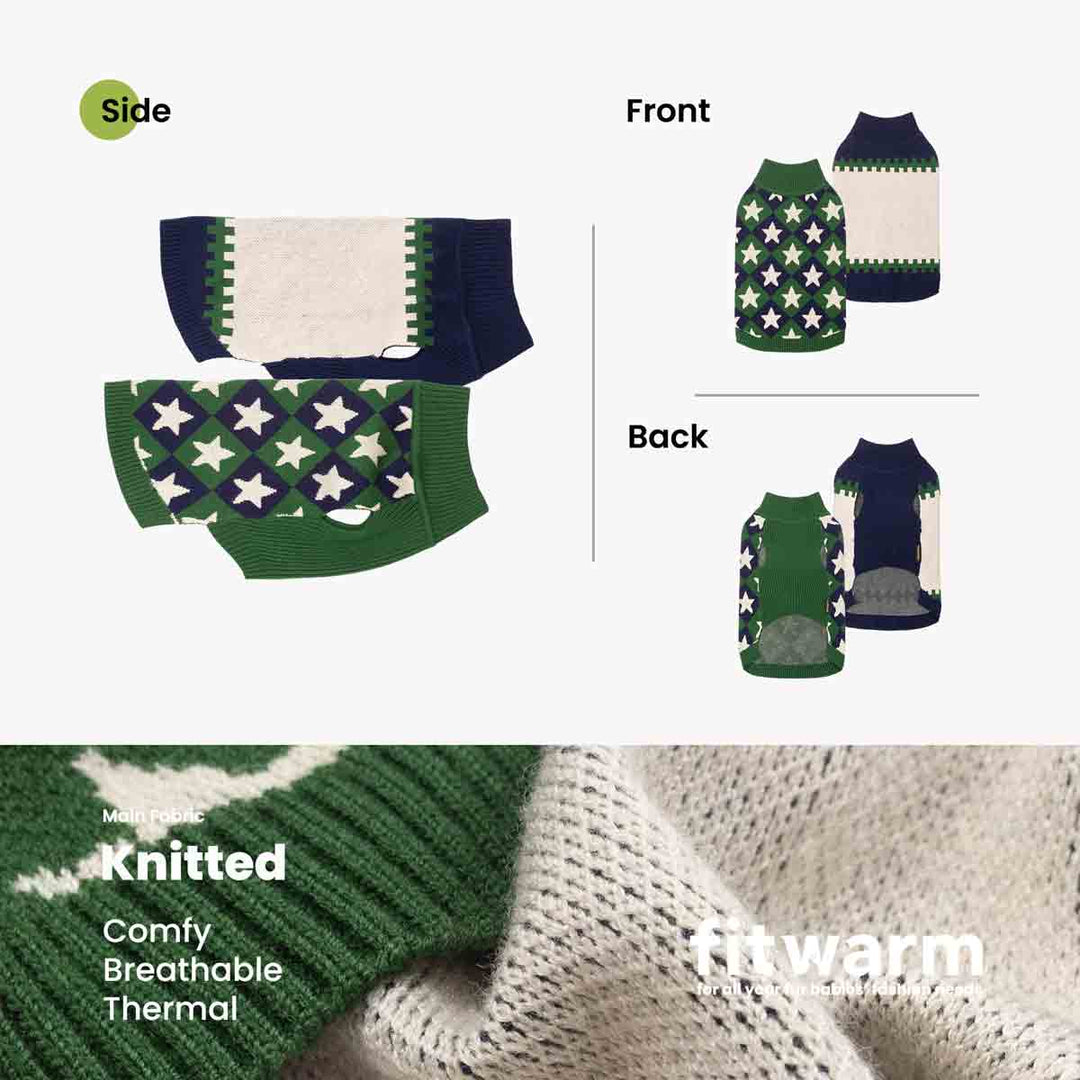 Product information graphic for a dog winter sweater, showing front, back, and side views on a light gray background, with a close-up knit texture strip at the bottom