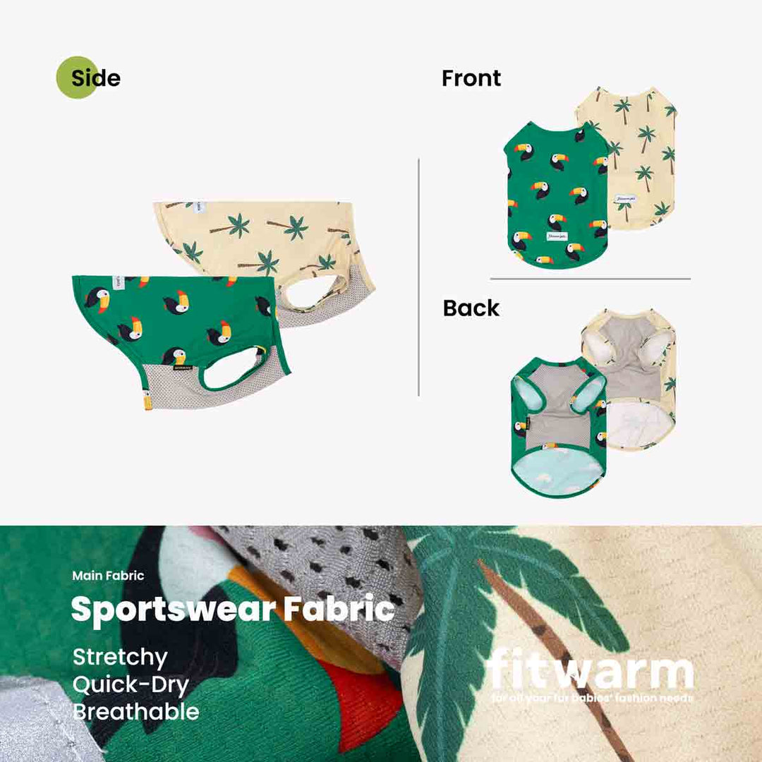 Summer shirt for dogs with tropical patterns on a white background, featuring 'fitwarm' branding