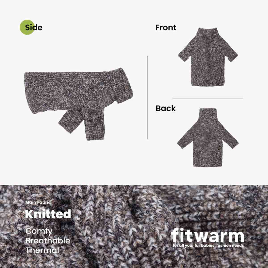 Product informational graphic for a dog knit sweater. showing the sweater from side, front, and back on a light gray background