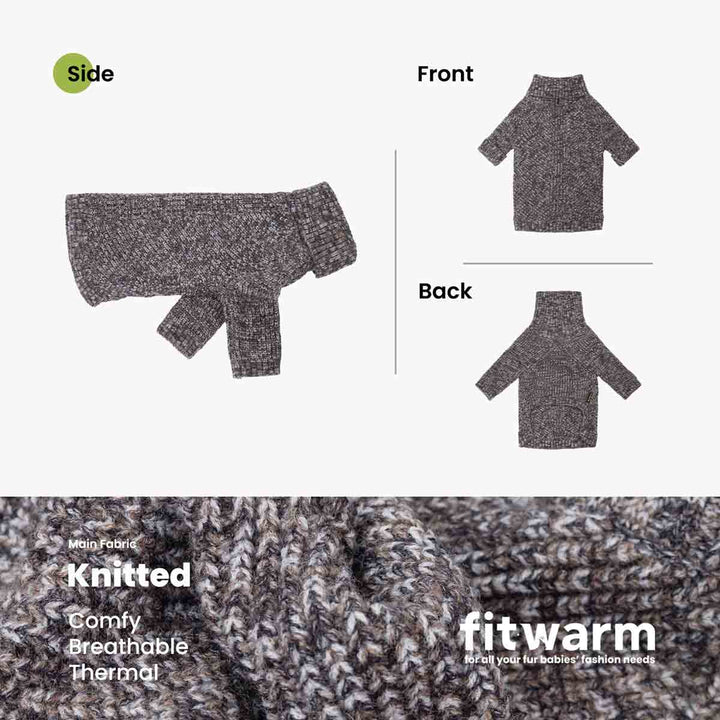 Product informational graphic for a dog knit sweater. showing the sweater from side, front, and back on a light gray background