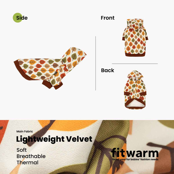 Product information showing a dog hoodies from fitwarm, displaying side, front, and back views with an autumn leaf pattern, alongside fabric details on a white background