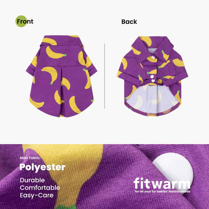 Purple shirt for dogs with banana pattern on front and back, showing fabric details and brand 'fitwarm'.