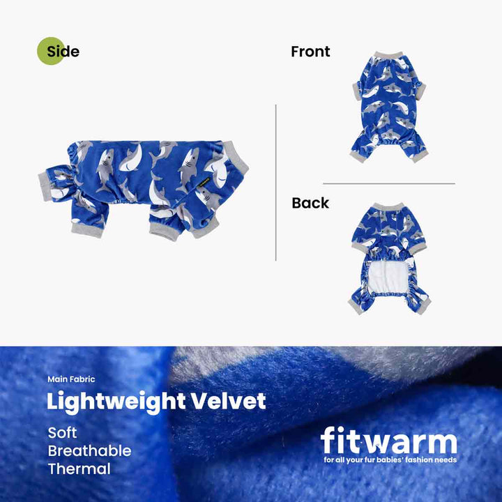 Fitwarm blue shark pajamas for dogs, lightweight velvet, soft and breathable fabric, cozy and comfortable dog sleepwear