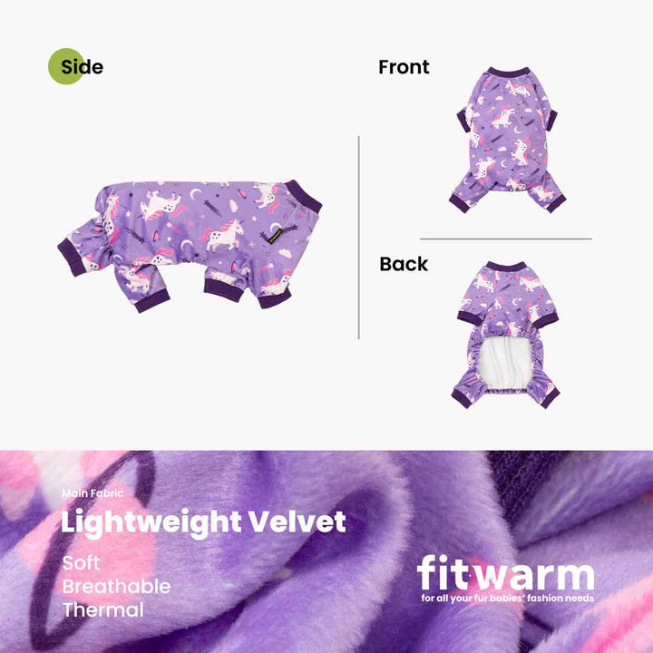 Product presentation of a purple fleece pajama for dogs with a unicorn pattern, showing side, front, and back views, along with a close-up of the plush velvet fabric