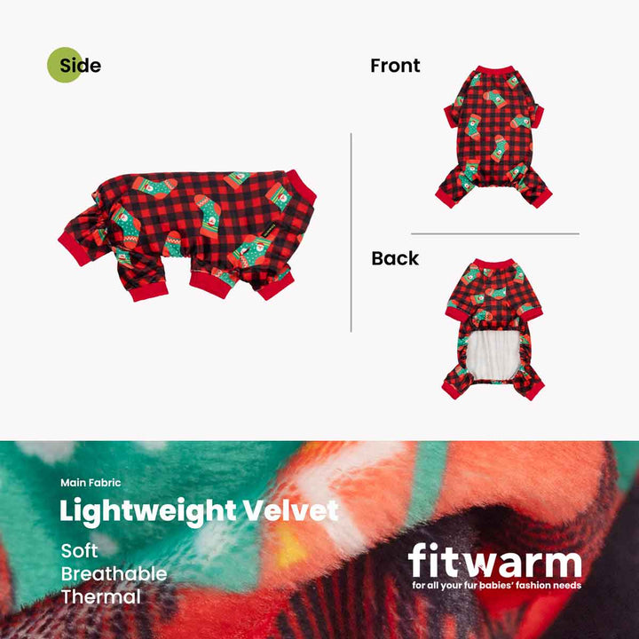Product infographic for a dog fleece pajama set showing side, front, and back views on a white background, with a promotional fabric close-up and text highlighting lightweight velvet, softness, breathability, and thermal comfort
