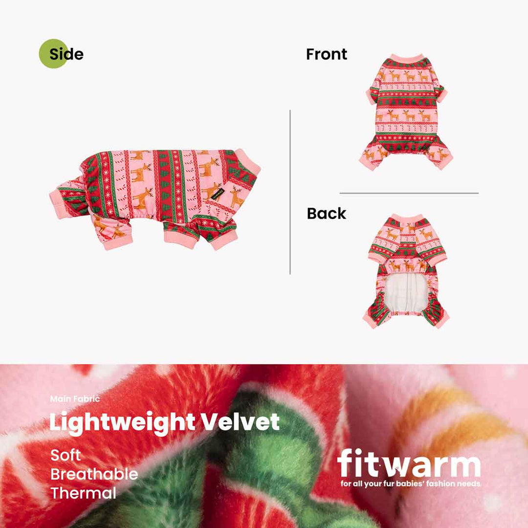 Product presentation of a dog Christmas onesie with front, back, and side views, featuring a festive red, green, and pink holiday pattern