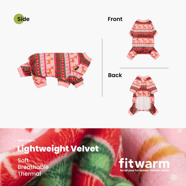 Product presentation of a dog Christmas onesie with front, back, and side views, featuring a festive red, green, and pink holiday pattern