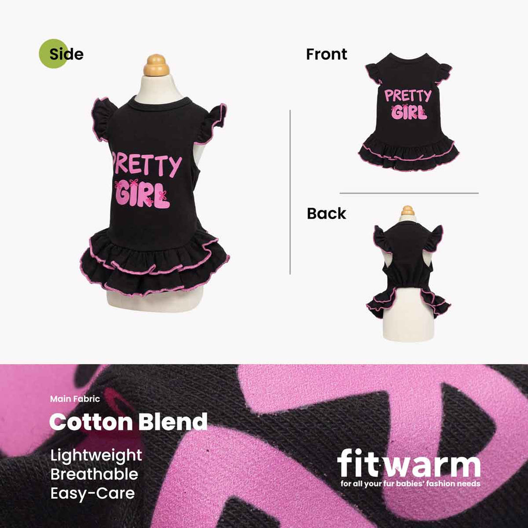 Product information of dog dress showing on front, back and side view with a fabric description at bottom