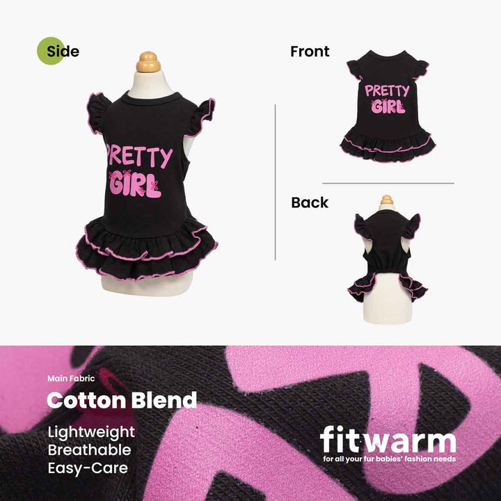 Product information of dog dress showing on front, back and side view with a fabric description at bottom