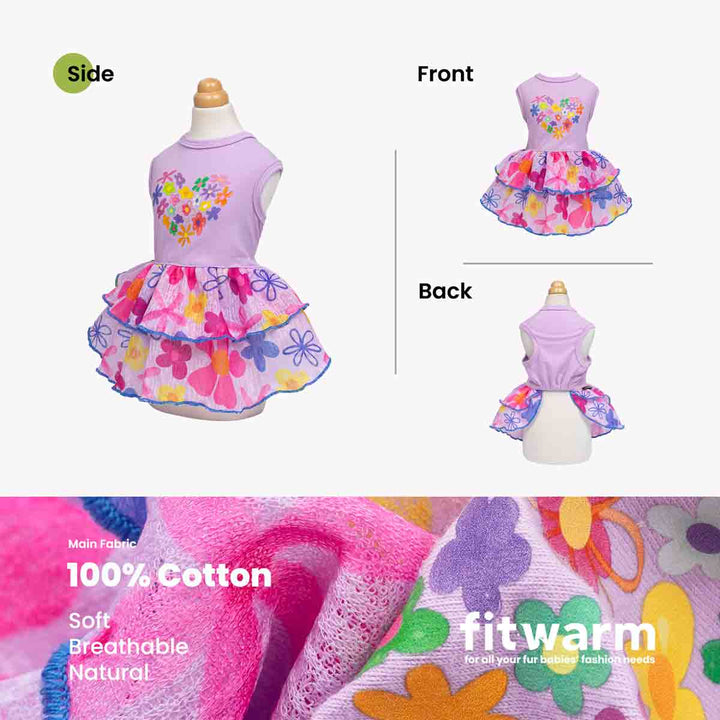 Side front back view of purple floral dog dress with layered ruffle skirt.