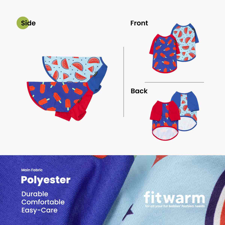4th of July dog shirts with watermelon pattern on a white background, showing side, front, and back views