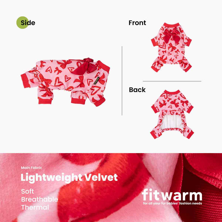 Side front back views of heart and bow print dog pajamas with red cuffs
