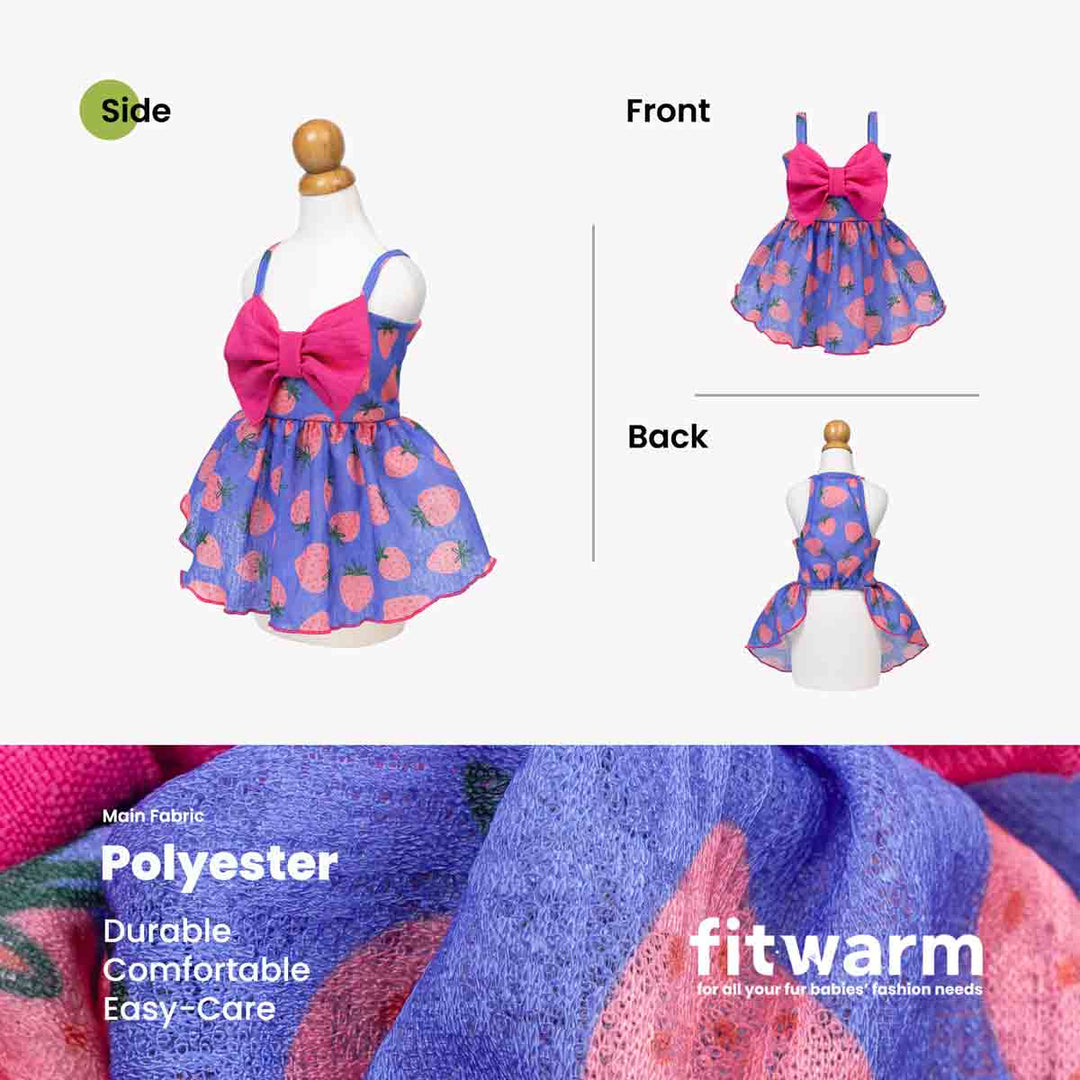 Front, side, and back view of summer for dogs and fabric description