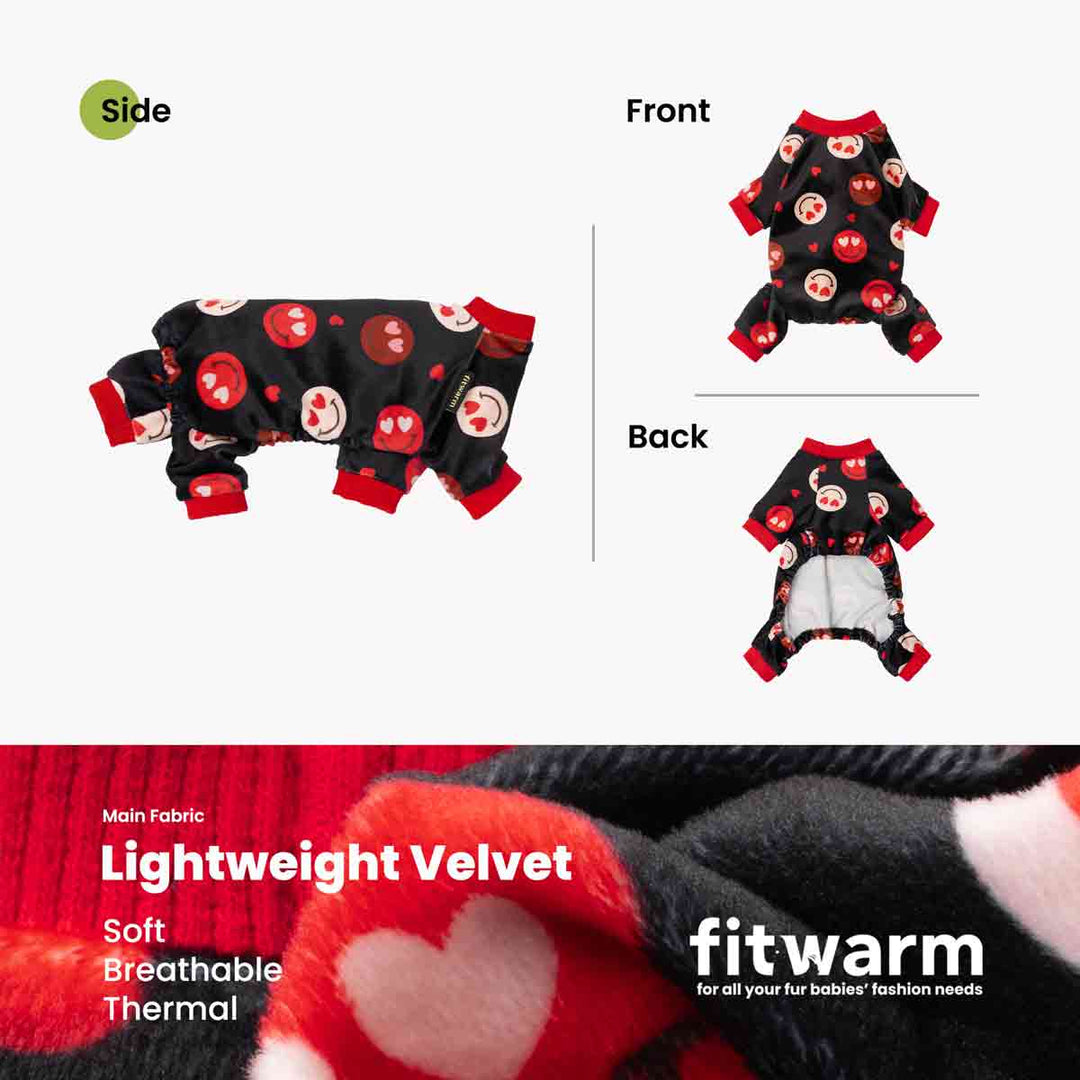 Side, front, and back views of dog pajamas featuring heart-patterned lightweight velvet fabric.