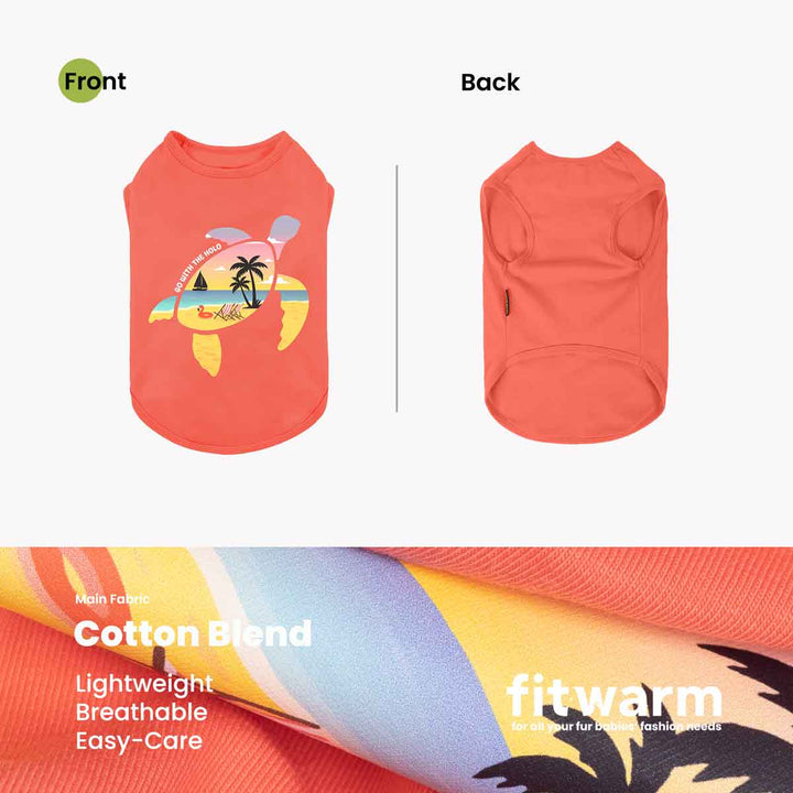 Orange dog shirt with sea turtle beach print, cotton blend, front and back view.