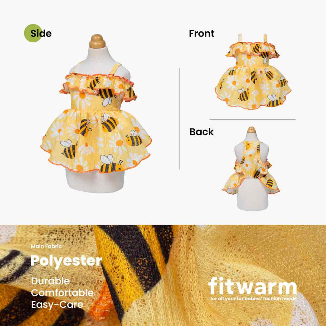 Yellow dog dummer dress with bee pattern on a mannequin, showing side, front, and back views, with text about fabric.