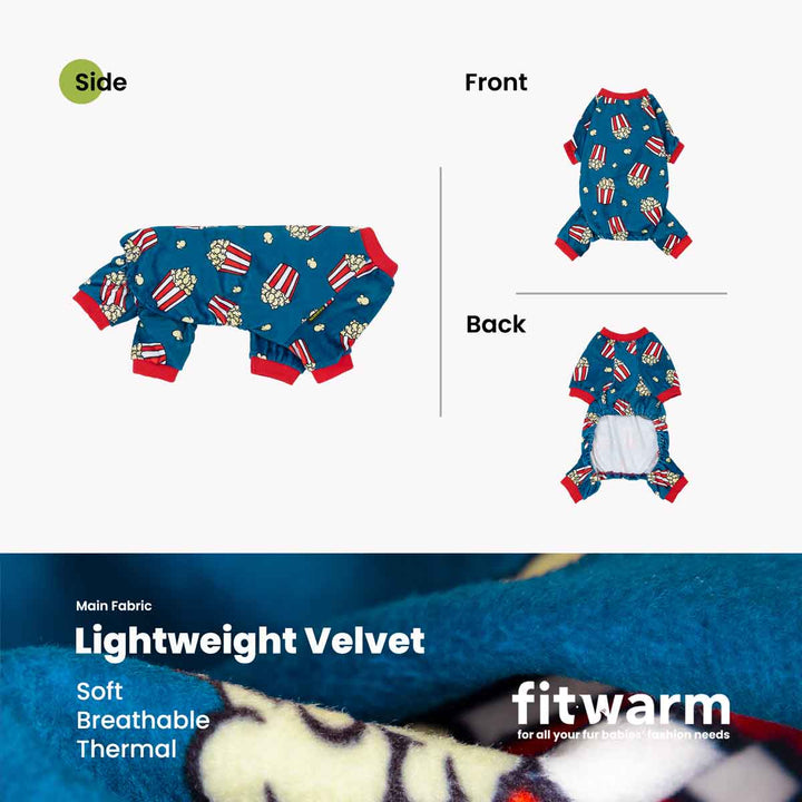 Blue popcorn dog pajamas, featuring a popcorn pattern, lightweight and comfy fleece dog onesie.