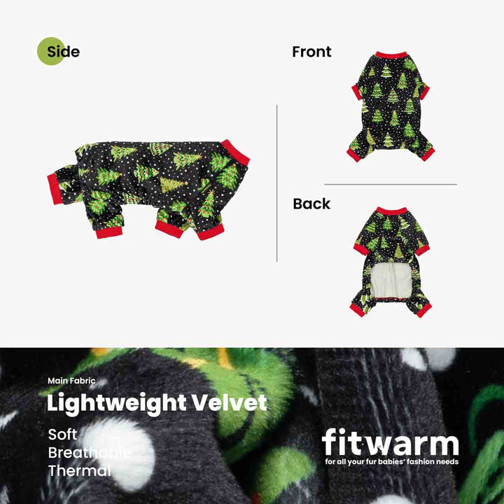 Black dog pajamas with Christmas trees and snowflakes, featuring red cuffs and neckline.