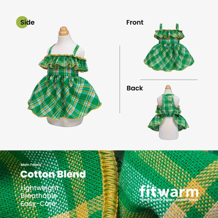 Green plaid dog dress on a mannequin with side, front, and back views, and 'fitwarm' branding.