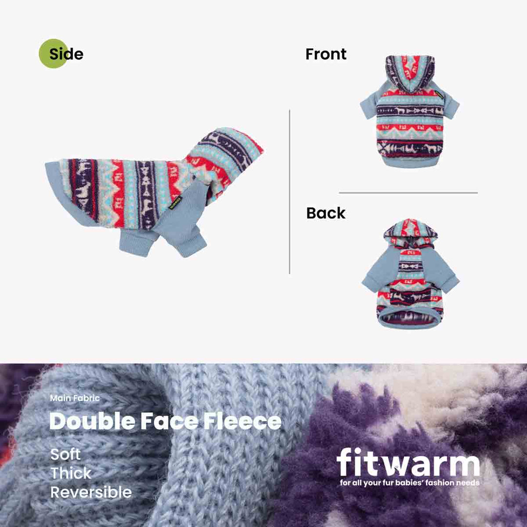 Dog hoodie featuring colorful tribal patterns shown in side, front, and back views with a close-up of reversible double face fleece fabric.