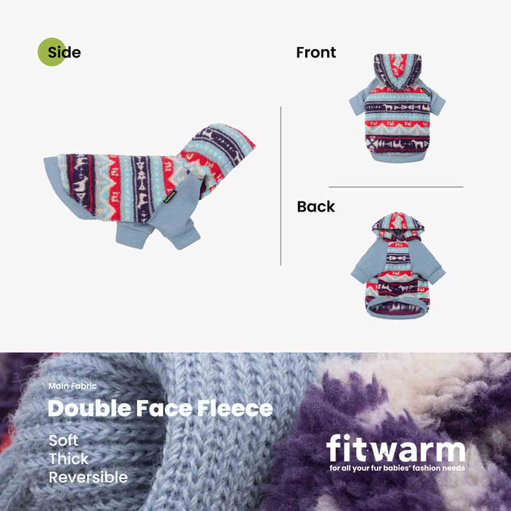 Dog hoodie featuring colorful tribal patterns shown in side, front, and back views with a close-up of reversible double face fleece fabric.