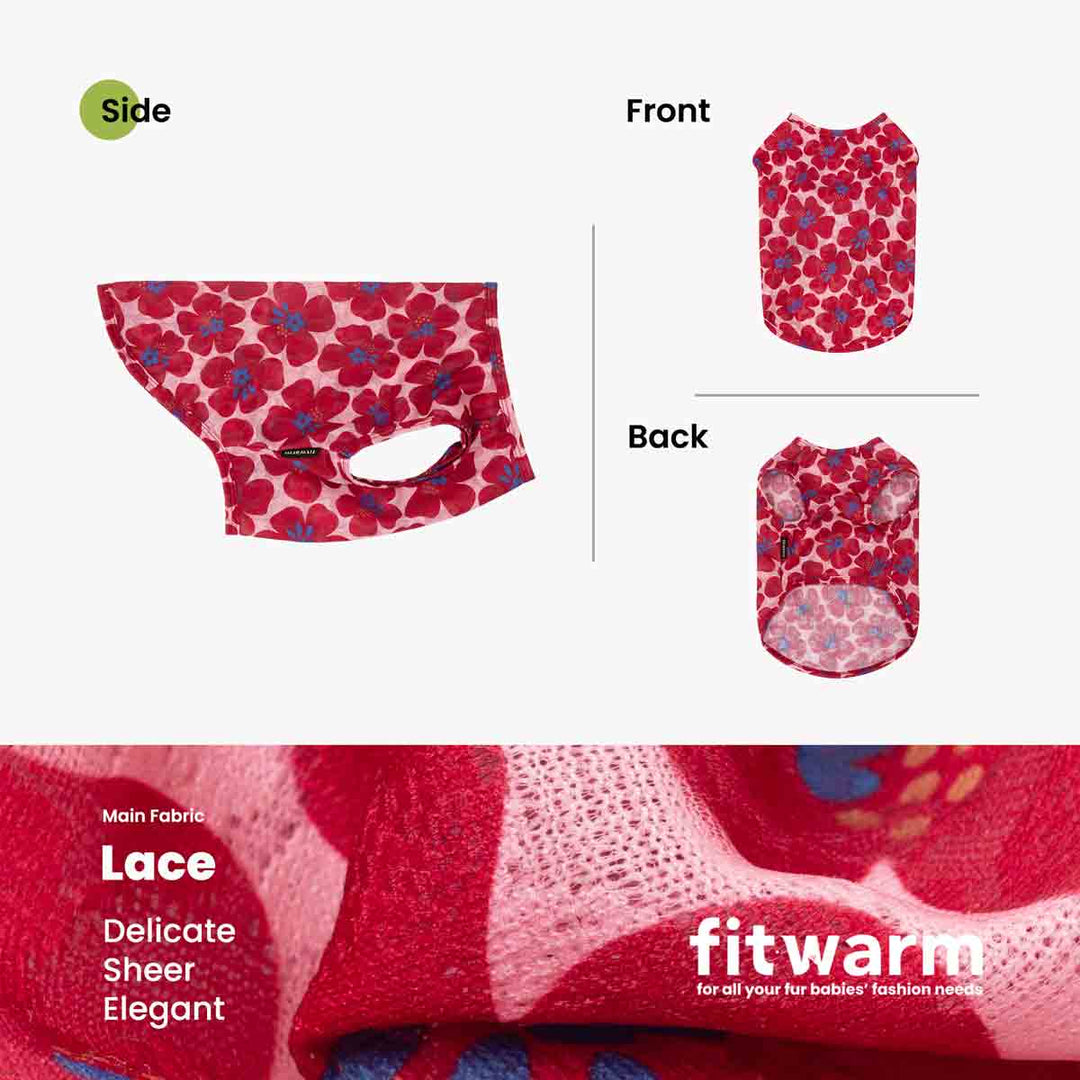 Red floral-patterned dog t-shirt with side, front, and back views on a white background