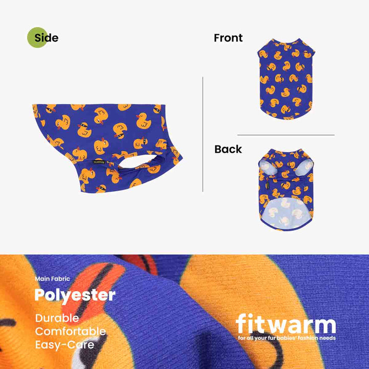 Sleeveless dog tshirt with duck pattern on a white background, showing side, front, and back views. Brand 'fitwarm' is visible.