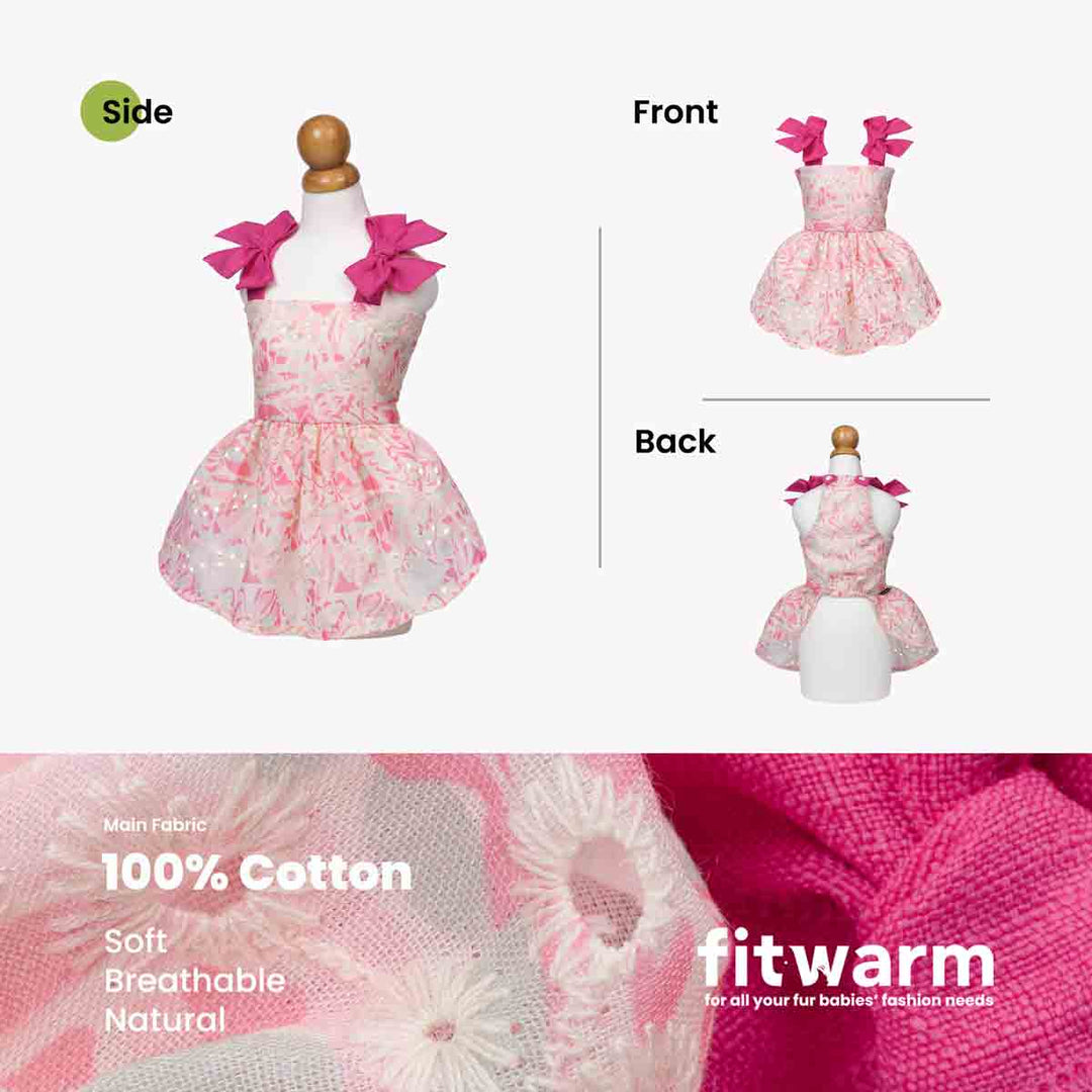 Pink dog dress displayed from different angles with fabric details