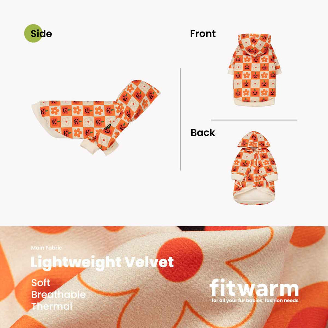 Product presentation of a dog hoodie shown from both front and back views, alongside a side view, with a close-up of the fabric at the bottom