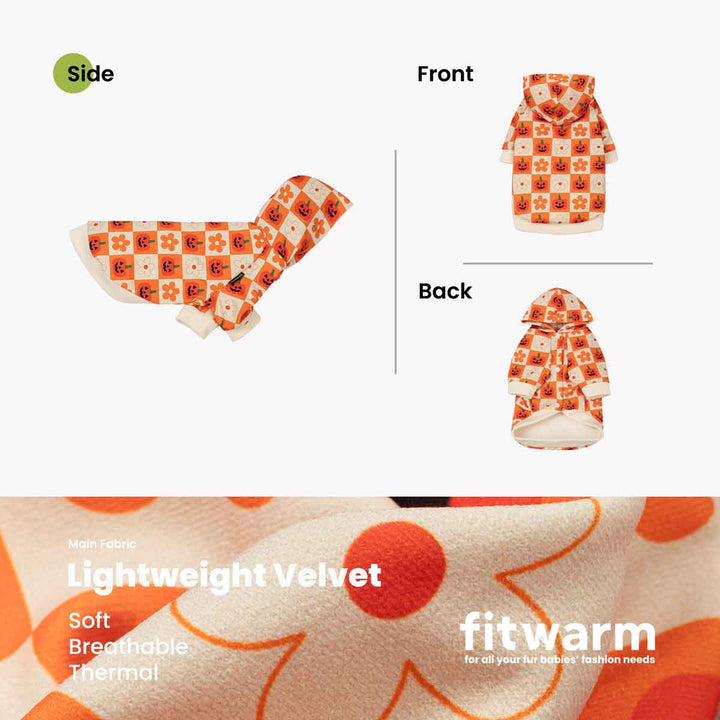 Product presentation of a dog hoodie shown from both front and back views, alongside a side view, with a close-up of the fabric at the bottom
