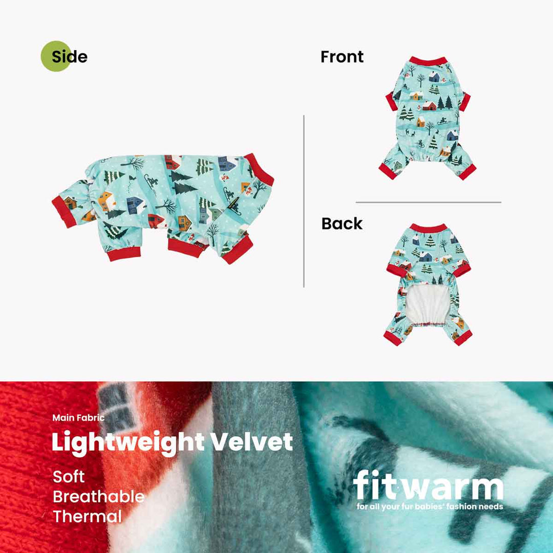 Christmas dog fleece pajama shown in a composite layout with front, back, and side views on a light gray background, plus a fabric close-up banner at the bottom