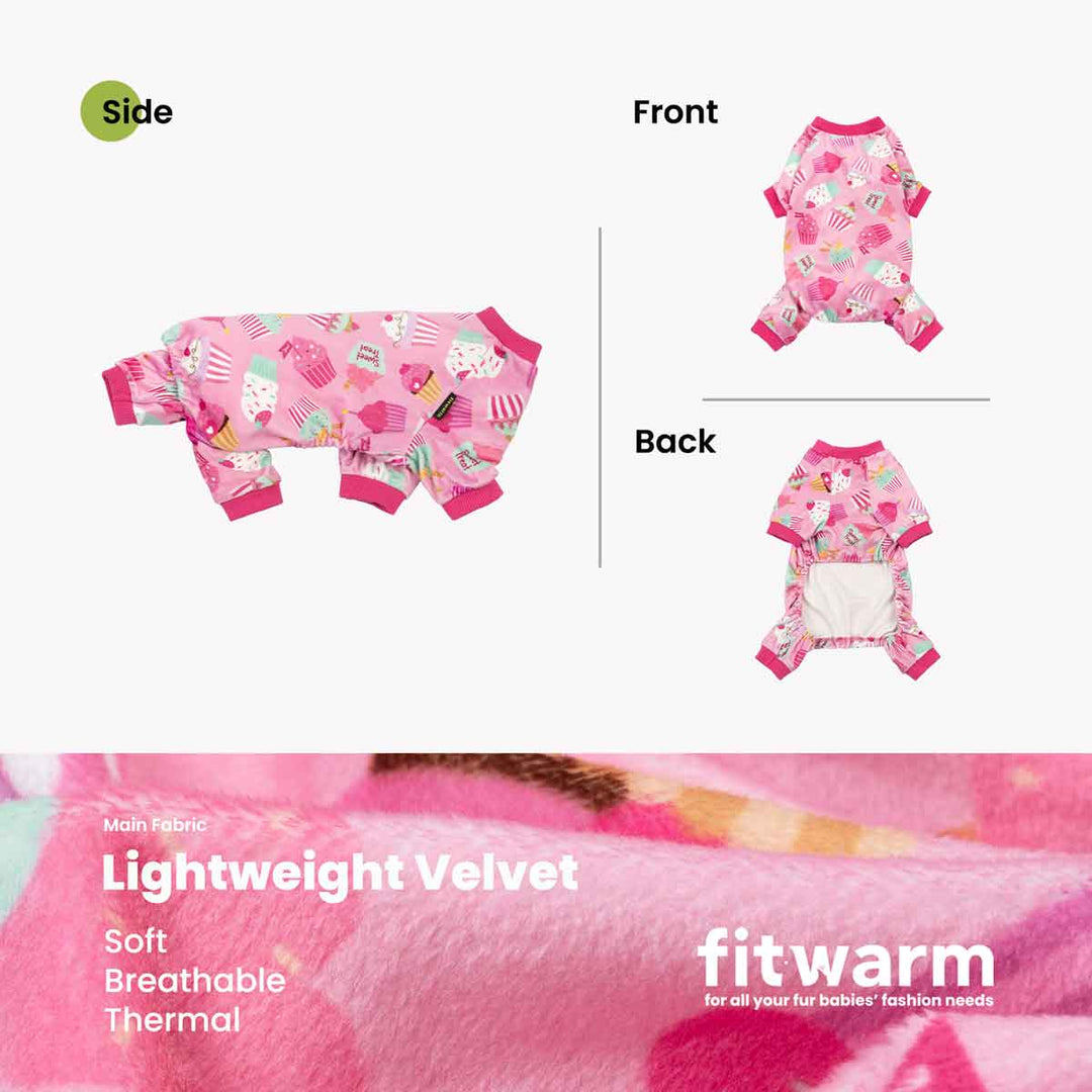 Pink cupcake dog pajamas with "Sweet Treat" text. Features side, front, back views & material details.