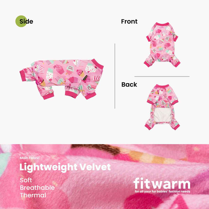 Pink cupcake dog pajamas with "Sweet Treat" text. Features side, front, back views & material details.
