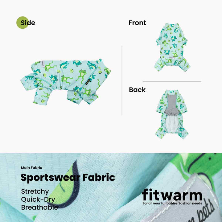 Dog jumpsuit with frog print shown in front back and side views with breathable sportswear fabric