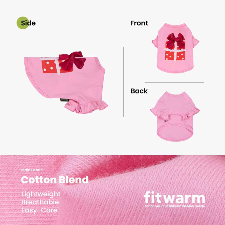 Pink dog t shirt with red bow on a white background, showing side, front, and back views.