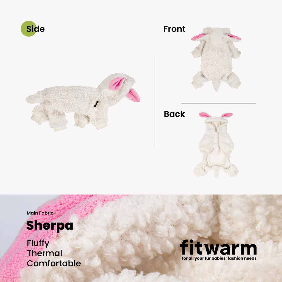 White sherpa dog Halloween sheep costume with pink ears, zipper closure, soft thermal fabric for small dogs.