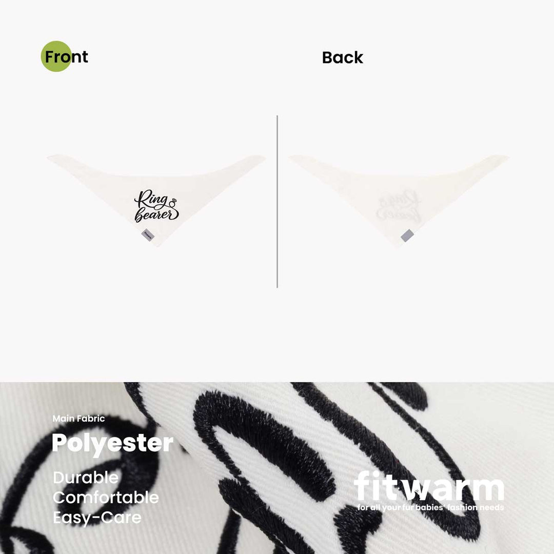 Front and back view of white dog bandanas with Ring Bearer design for dogs