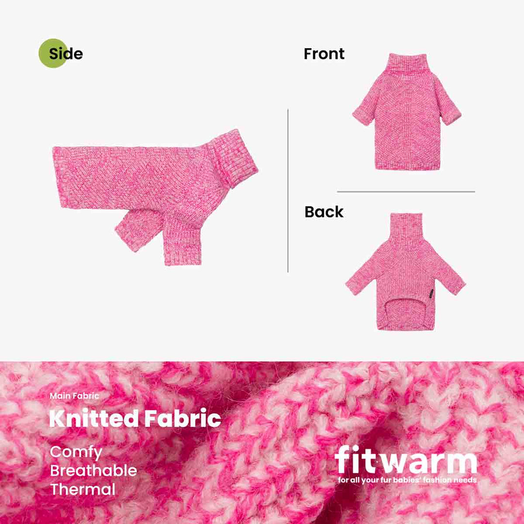 Pink knitted dog sweater with turtleneck design, soft polar fleece material shown in detail.