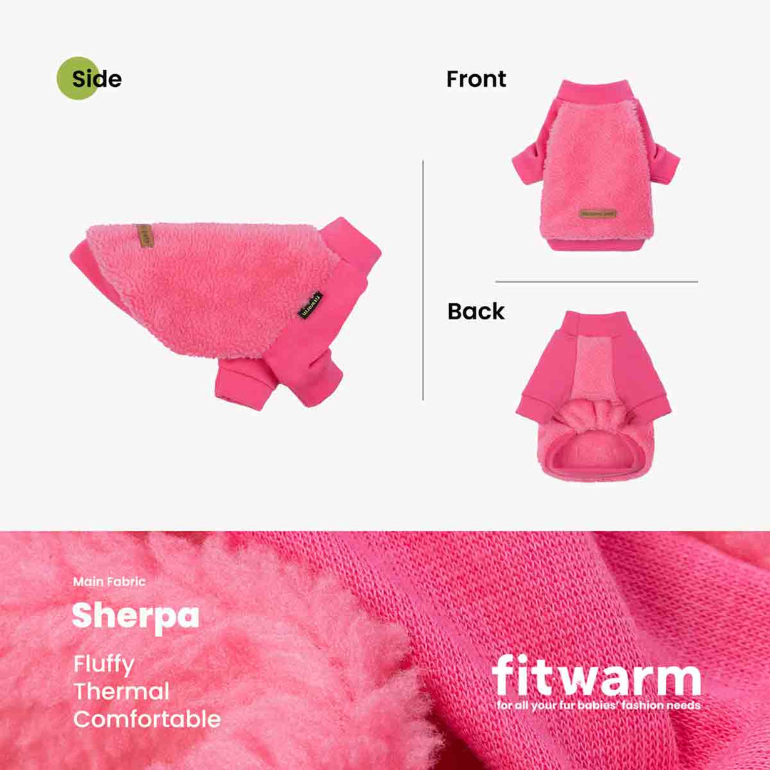 Pink dog sweater shown in side front and back views with pullover design.