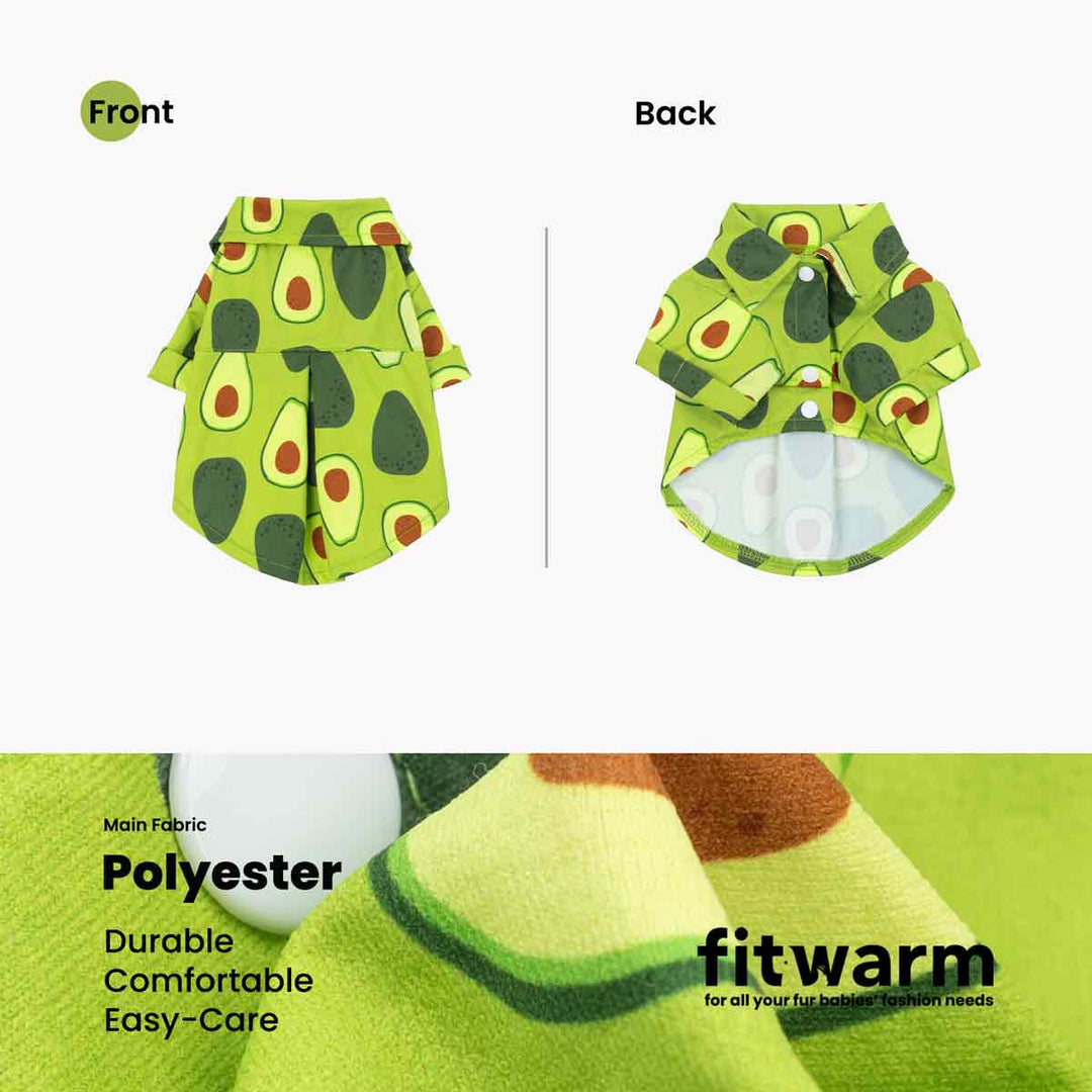 Avocado print dog shirt with collar, front and back views on white background