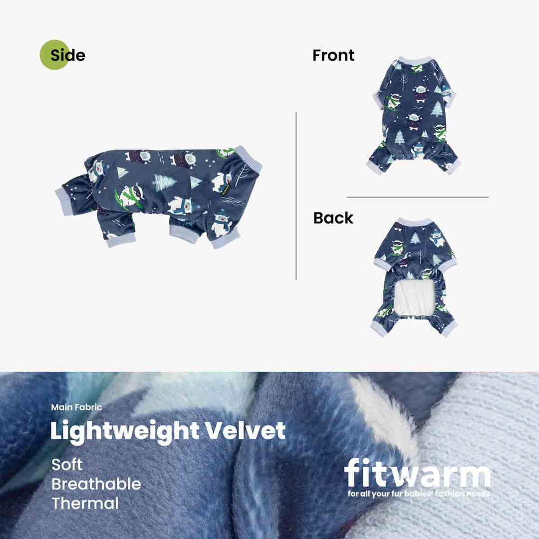 Cozy dog jumpsuit shown from side, front, and back views on a light gray background, with a close-up fabric texture banner at the bottom reading Lightweight Velvet and fitwarm