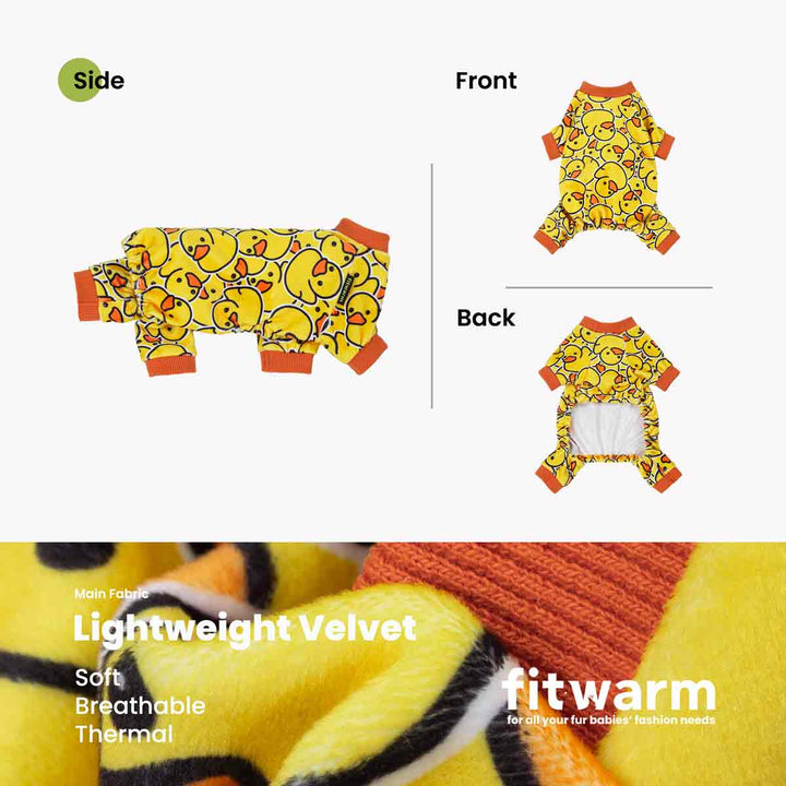 Yellow all-coverage dog onesie pajamas with all-over rubber duck print and orange trim. Cozy velvet fabric benefits shown.