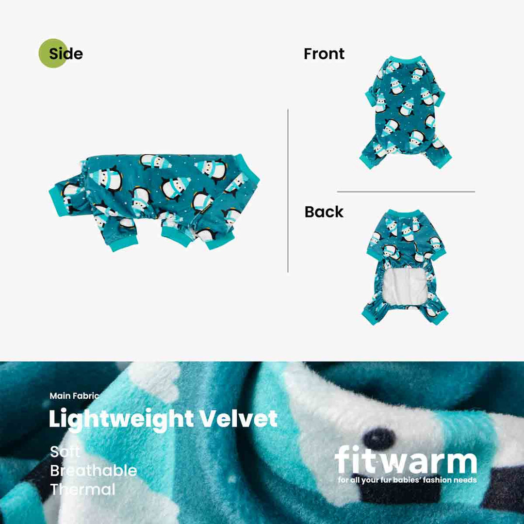 Teal blue penguin dog pajamas, lightweight velvet, soft and comfortable onesie for small dogs